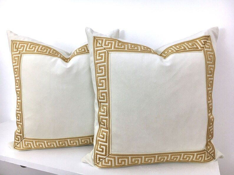 Off-White Pillow Cover with Gold Greek Key Trim - Ivory Velvet PIllow | Etsy (US)