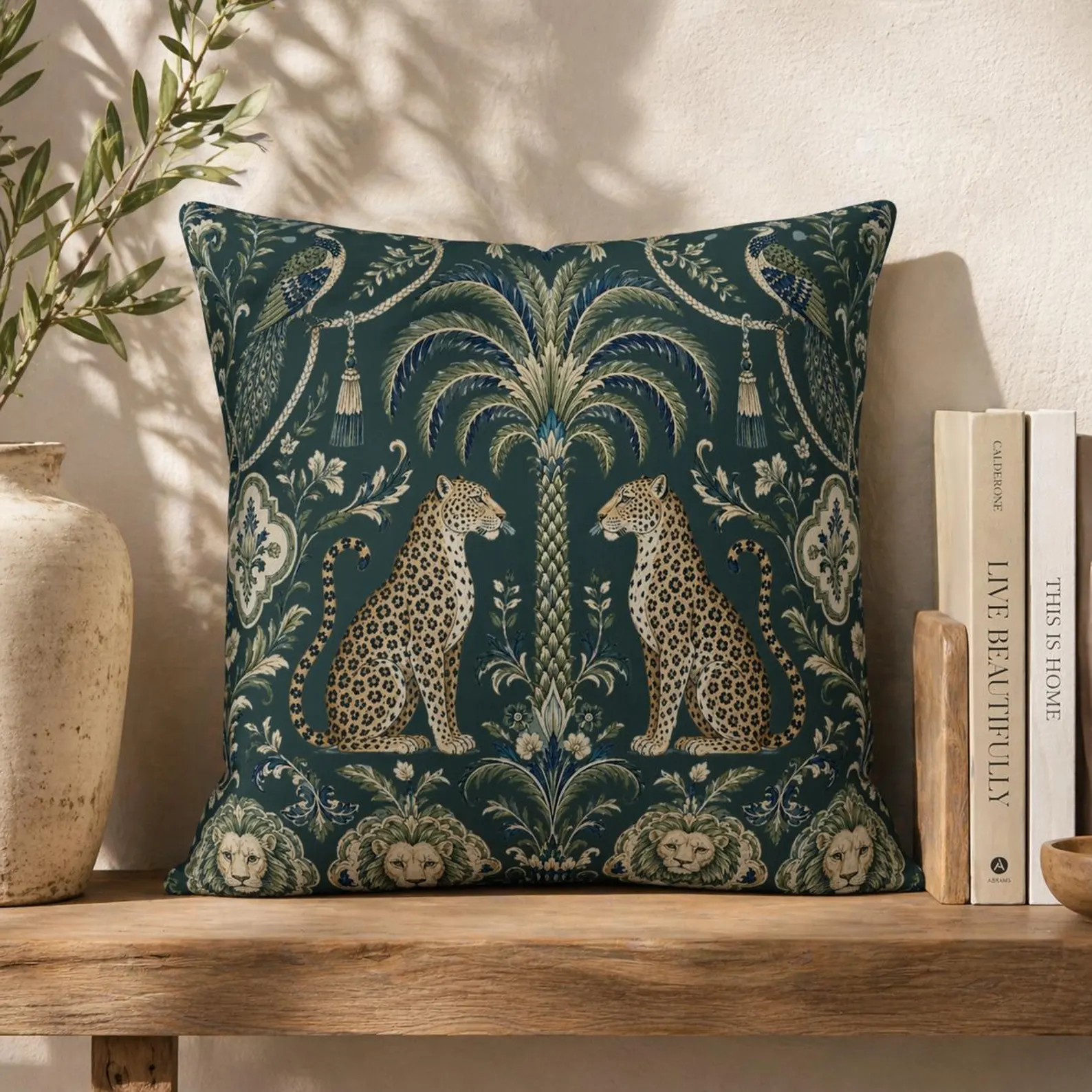 Outdoor Leopard Chinoiserie Pillow, Grandmillennial Emerald Green Throw Cushion | Etsy (Global)
