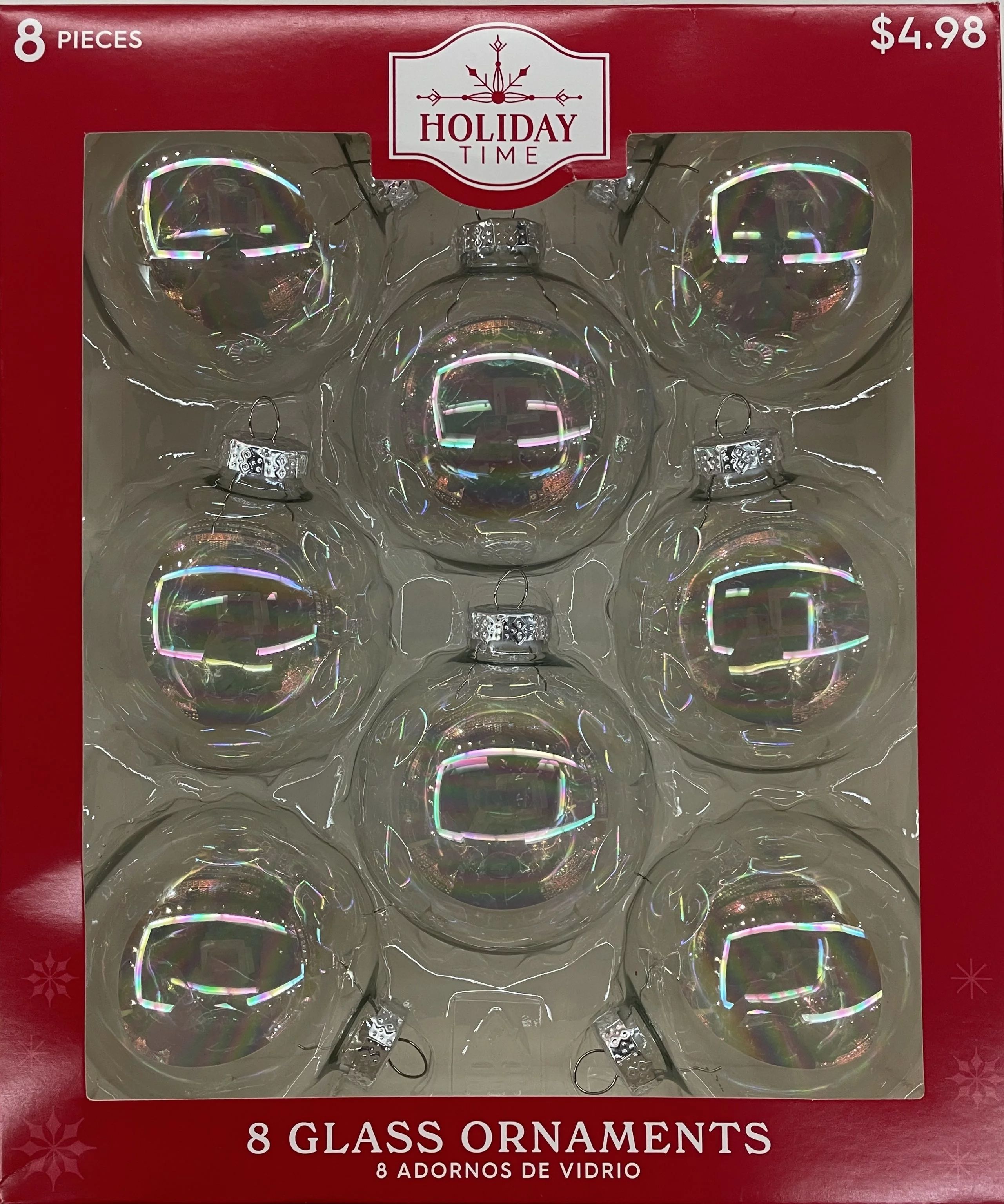 Holiday Time Iridescent Glass Ball Ornaments, 2 5/8" (67MM), 8 Count, Boxed Glass, Clear | Walmart (US)