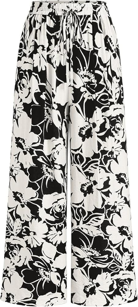 PRETTYGARDEN Womens Pants Elastic Waist Floral Lightweight Palazzo Pants for Women Casual Lounge ... | Amazon (US)