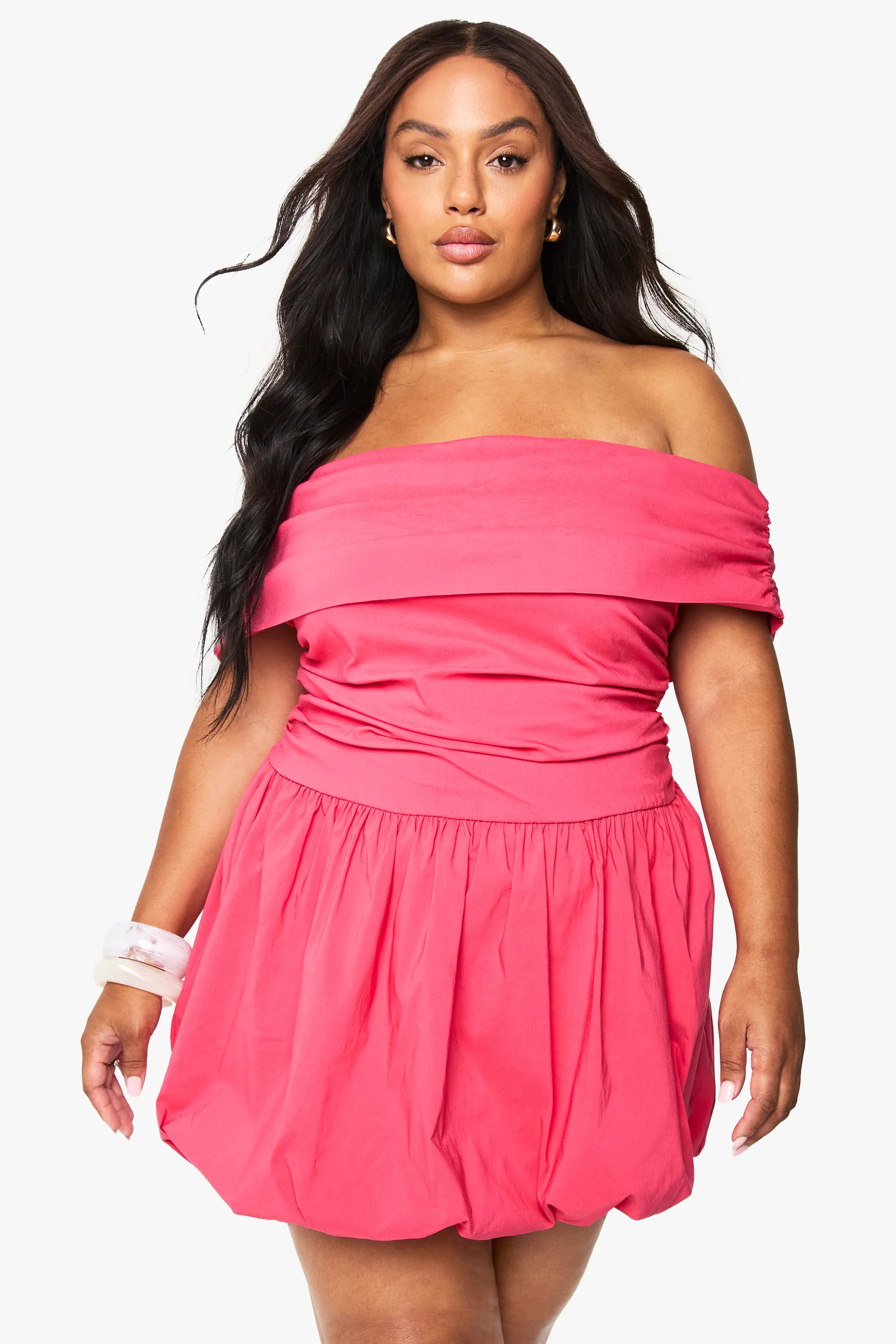 Hot Pink boohoo Plus Bengaline Ruched Puffball Mini Dress | Nasty Gal USA | Nasty Gal US
