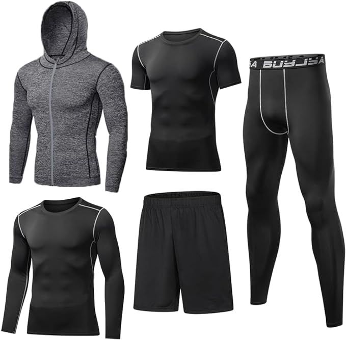 BUYJYA 5Pcs Men's Compression Pants Shirt Top Long Sleeve Jacket Athletic Sets Gym Clothing Mens ... | Amazon (US)