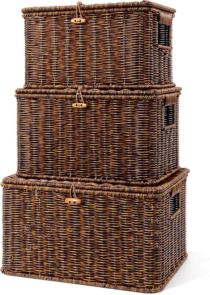 Nonam Wicker Storage Basket with Lid, Large Shelf Baskets for Boho Decor, Plastic Basket, Lidded ... | Amazon (US)