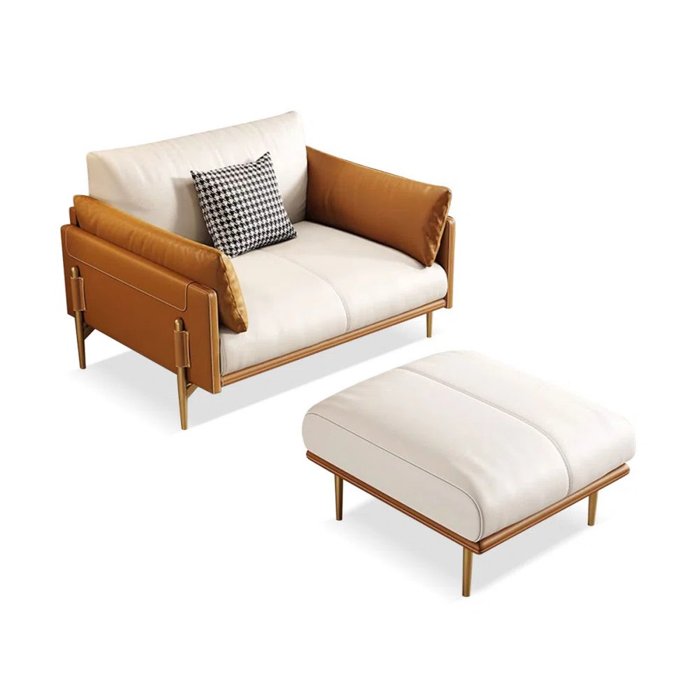 43.31" White + Orange Genuine Leather cushion Arm Chair with Ottoman | Wayfair North America