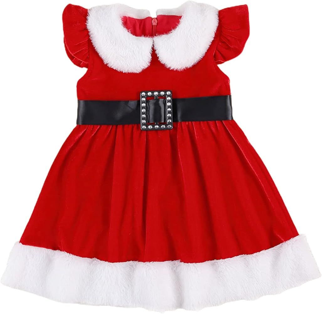Kids Toddler Baby Girl Christmas Dress Red Velvet Long Sleeve/Sleeveless Santa Dress Christmas Outfi | Amazon (US)