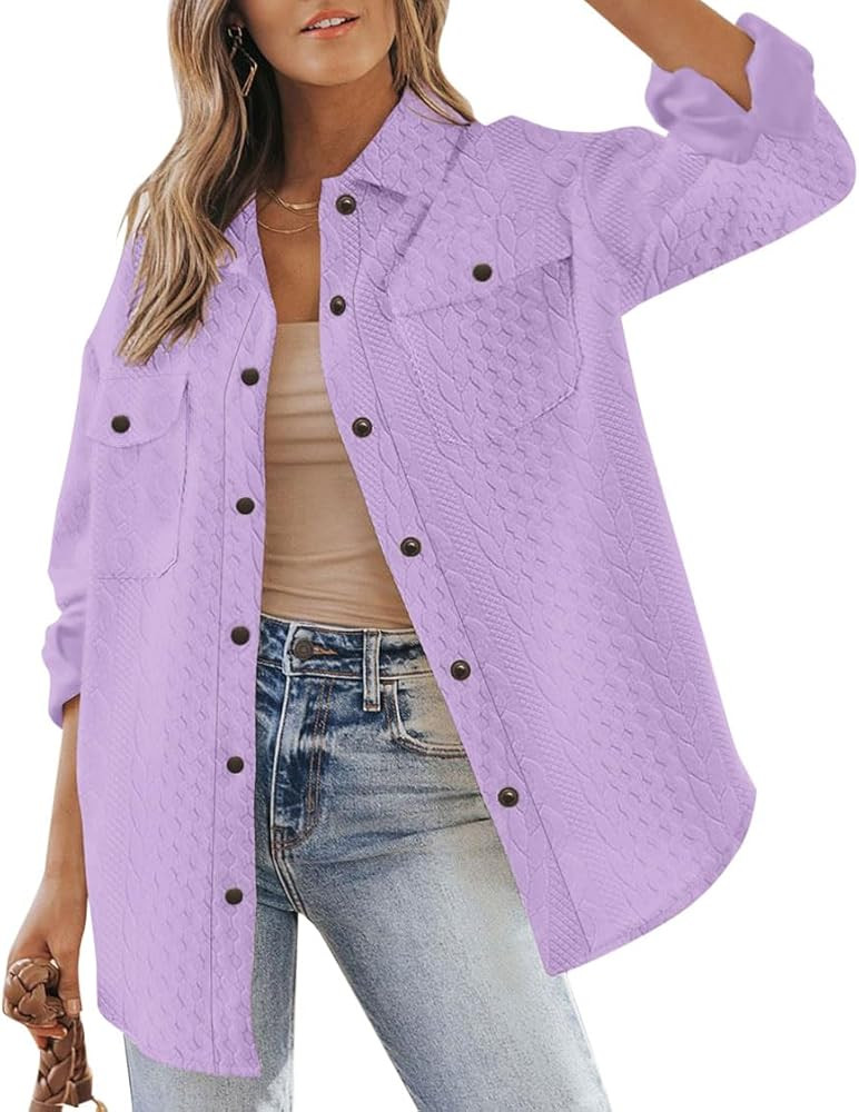 SAUKOLE Women's Shacket Jackets Casual Long Sleeve Button Down Shirts Solid Color Loose Fashion B... | Amazon (US)