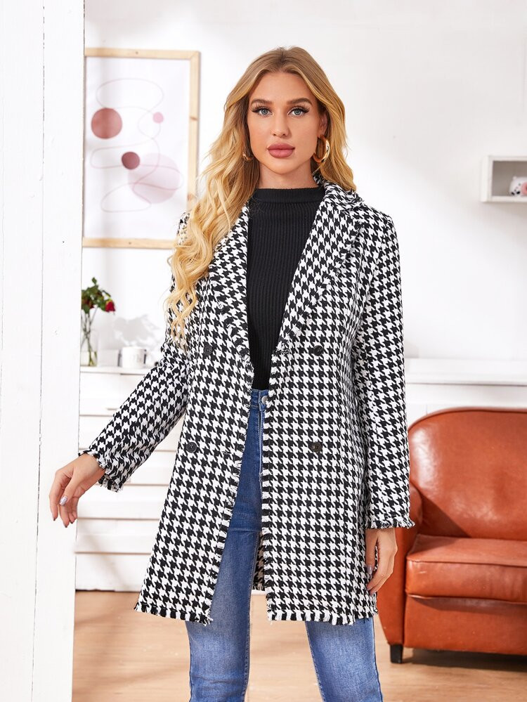 Houndstooth Double-Breasted Tweed Coat | SHEIN