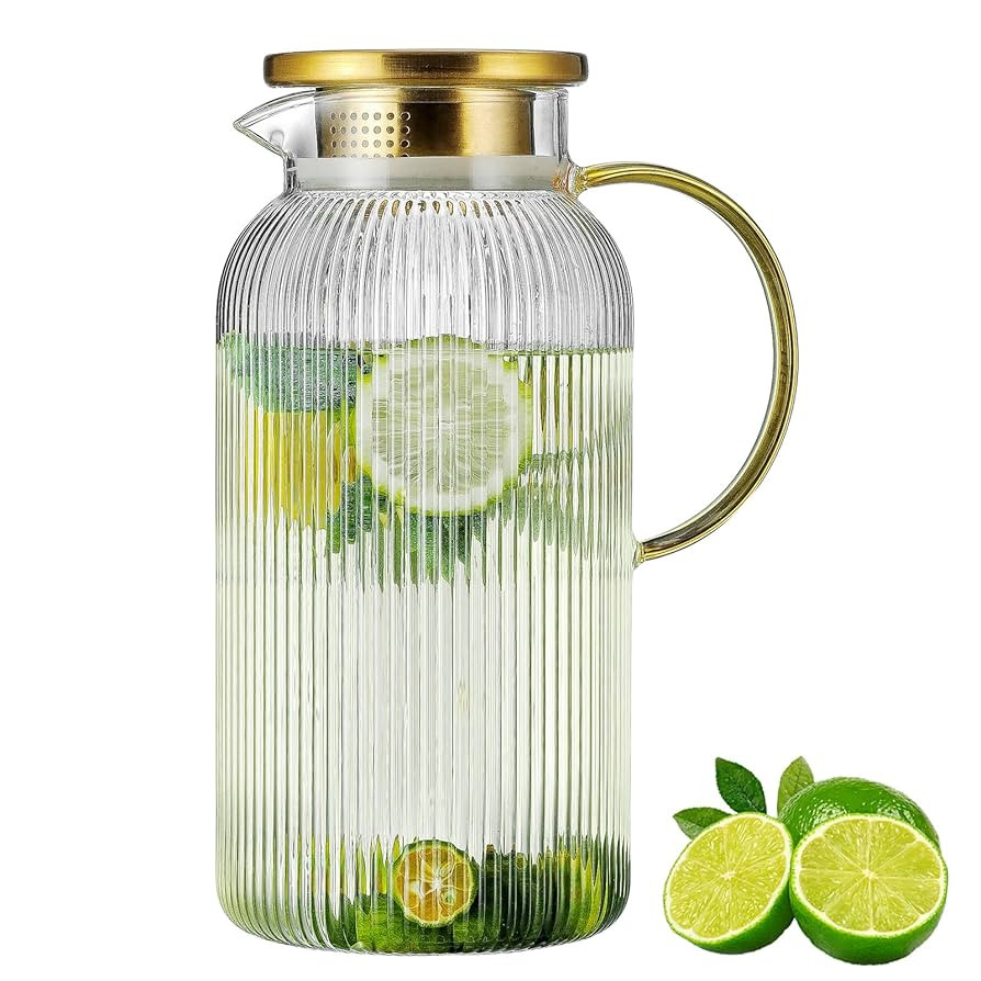 Glass Pitcher with Lid, 68 oz/2 Liter Classic Vertical Stripes Water Pitcher,Glass Water Carafe f... | Amazon (US)