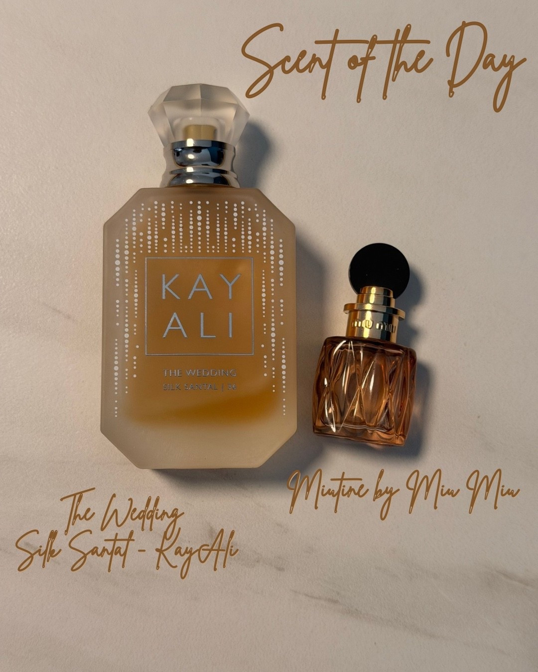 Scent of the Day 🤍
Saw this combo on Threads and had both on my shelf, so I had to try it — and it did not disappoint.

Kayali The Wedding Silk Santal gives creamy sandalwood with a soft touch of vanilla and florals, layered with Miu Miu Miu Miu for a clean, slightly powdery floral-musk finish.

Warm, soft, and feminine without being overpowering — perfect for daytime and office-safe wear ✨
