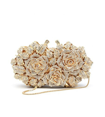 Sweetovo Luxury Crystal Rose Clutch Purse for Women, Sparkly Rhinestone Floral Evening Bag, Elegant Handbag for Wedding, Prom, Party (Gold) | Amazon (US)