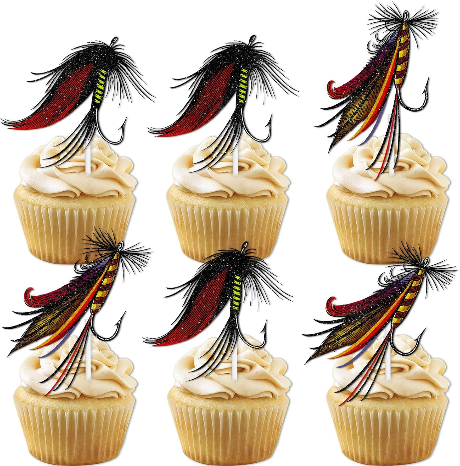 18pcs Red Glitter Fish Fishing Buoy Fishhook Dessert Cupcake Topper Let’s Go Fishing Retirement... | Amazon (US)