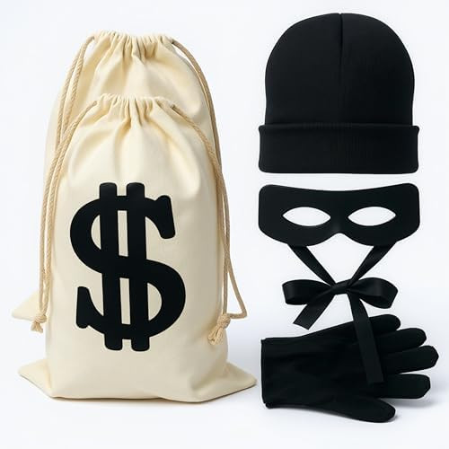 Robber Costume Set，include robber mask Money bag knitted hat gloves for playing cops and robber... | Amazon (US)