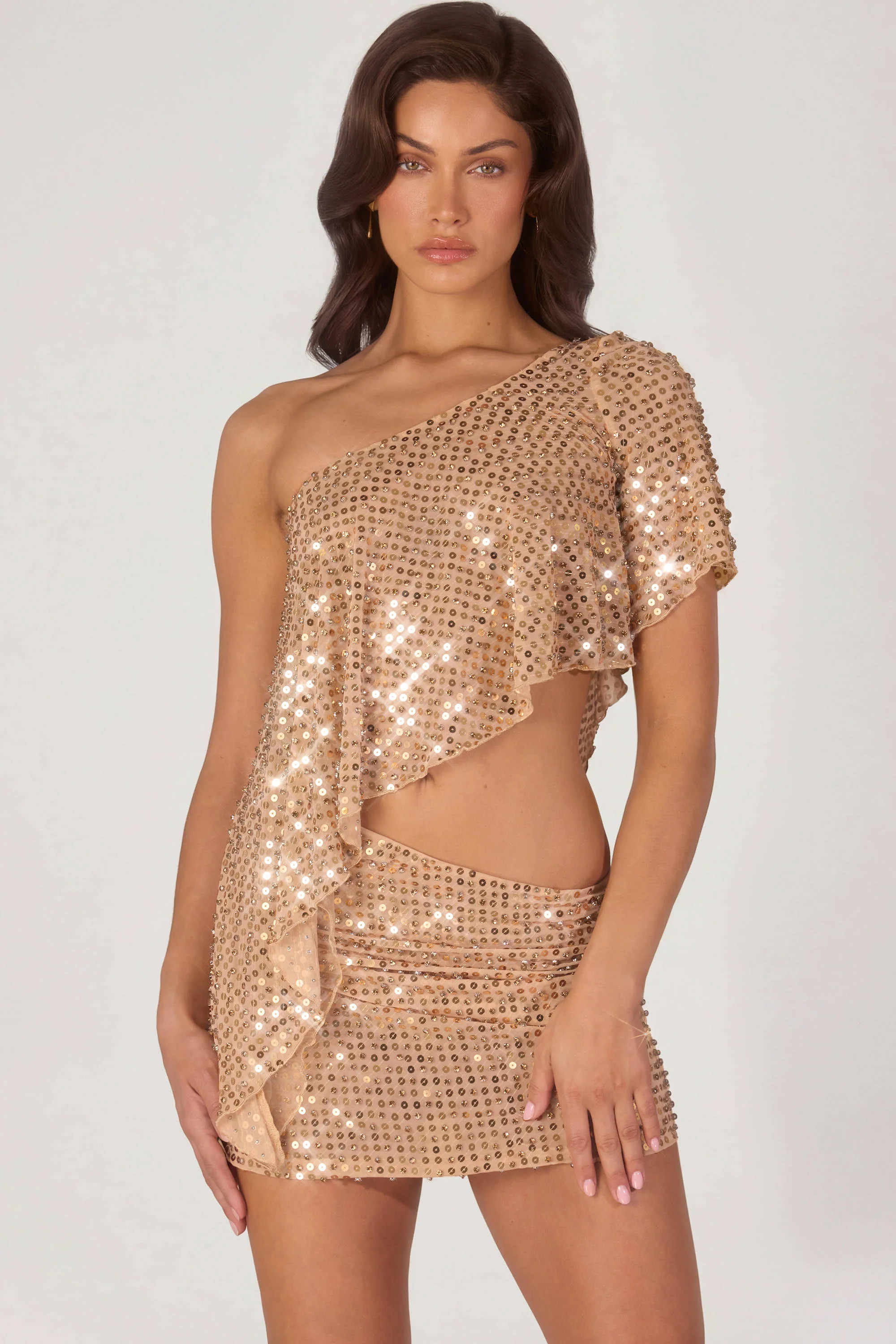 Embellished One-Shoulder Asymmetric Top in Gold | Oh Polly