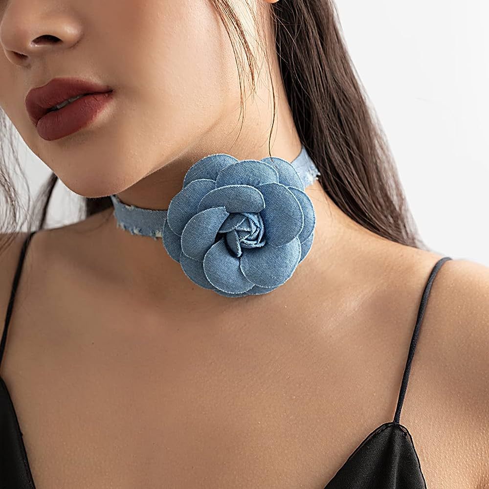 Rannyrena Vintage Blue Denim Flower Choker Necklace Floral Bracelet Artificial Flower Collar Neck... | Amazon (US)