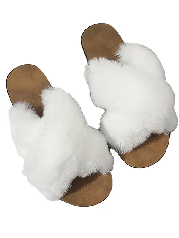 Gvmfive Women's Peep Toe Fluffy Crisscross Flat Heel Summer Homewear Slippers Shoes | Walmart (US)