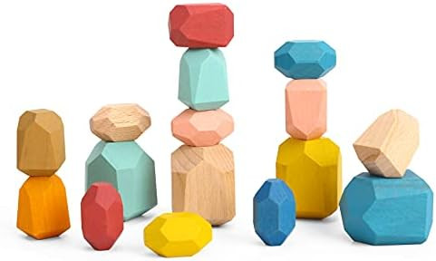 TOOKYLAND 16 Pcs Wooden Soring Stacking Balancing Stone Rocks,Wood Building Blocks Set,Colorful E... | Amazon (US)