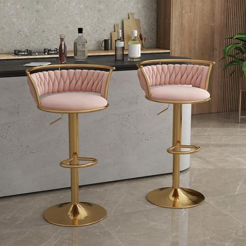 UIXE 360° Swivel Bar Stools Set of 2, Modern Adjustable Counter Height Velvet Bar Chair Gold Metal Stool, Comfortable Kitchen Island Dining Chairs with Woven Back & Footrest for Cafe Pub (Pink) | Amazon (US)