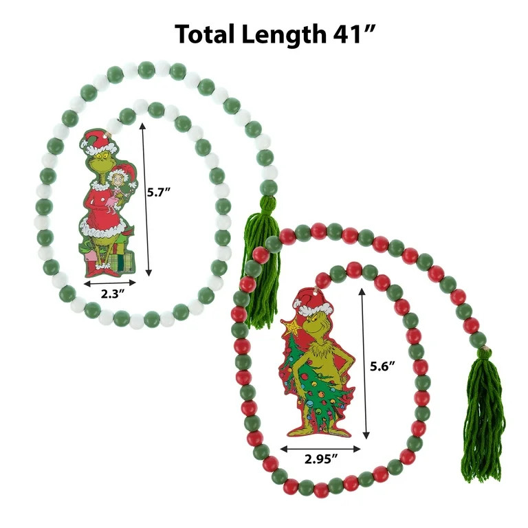 The Grinch Who Stole Christmas 2 Pack Wood Bead Garland, each 41 inches Long, Green and White, Re... | Walmart (US)