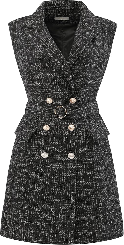 Women's Sleeveless Tweed Dress Collared Belted Button Down Work Blazer Dresses | Amazon (US)