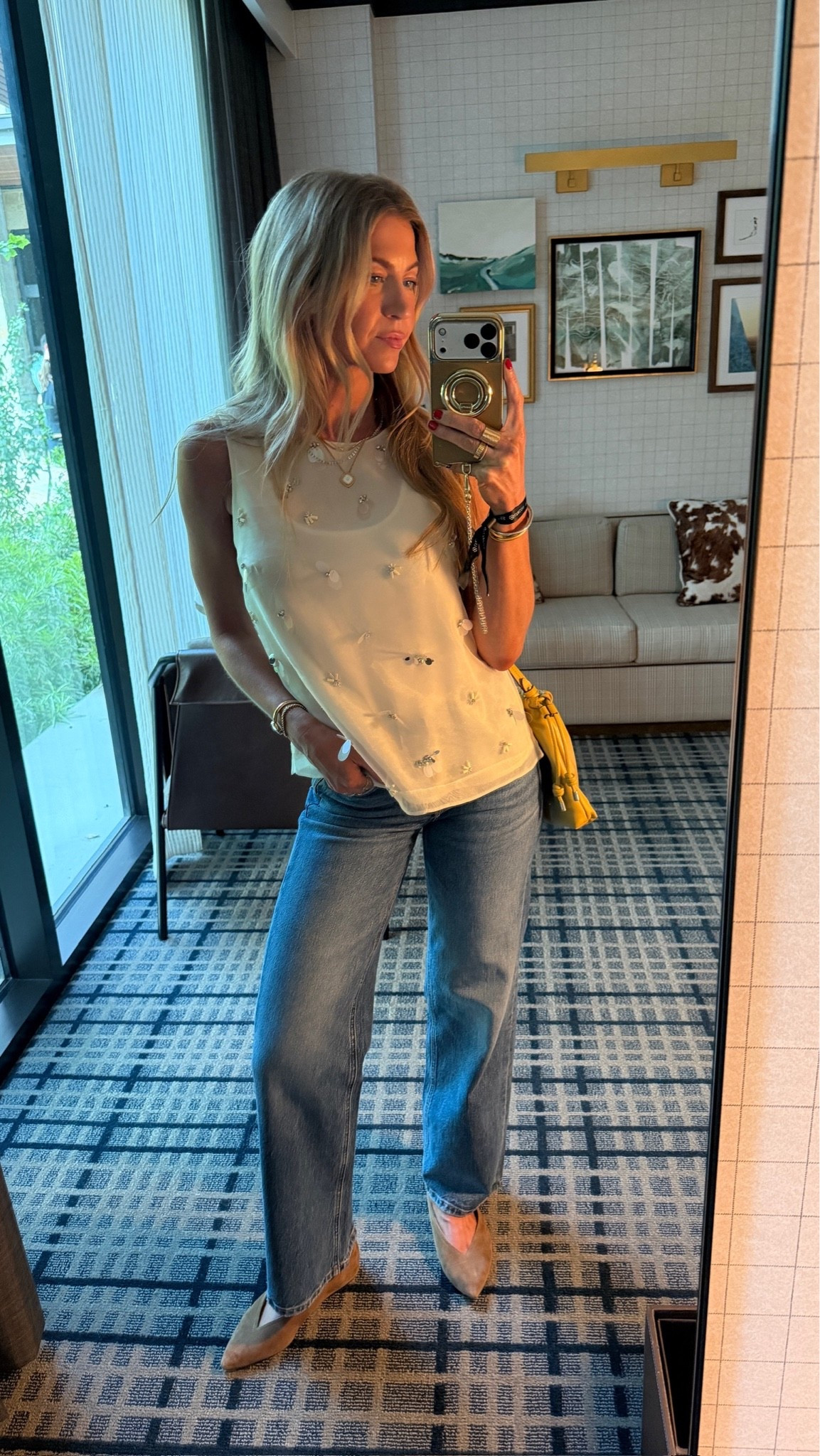 The white tee and denim look but with some extra sparkle for flare. 
Top runs TTS wearing a S
Jeans run TTS wearing a 25

#LTKCon #LTKootd #LTKgrwm