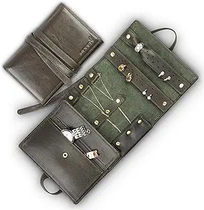 Compact Foldable Travel Jewelry Case - Genuine Cowhide Leather, Tangle-Free Slots for Necklace, E... | Amazon (US)