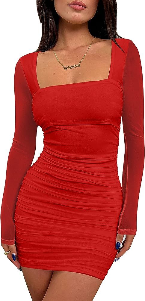 BORIFLORS Women's Sexy Ruched Bodycon Mini Dress Mesh Long Sleeve Club Party Short Dresses | Amazon (US)