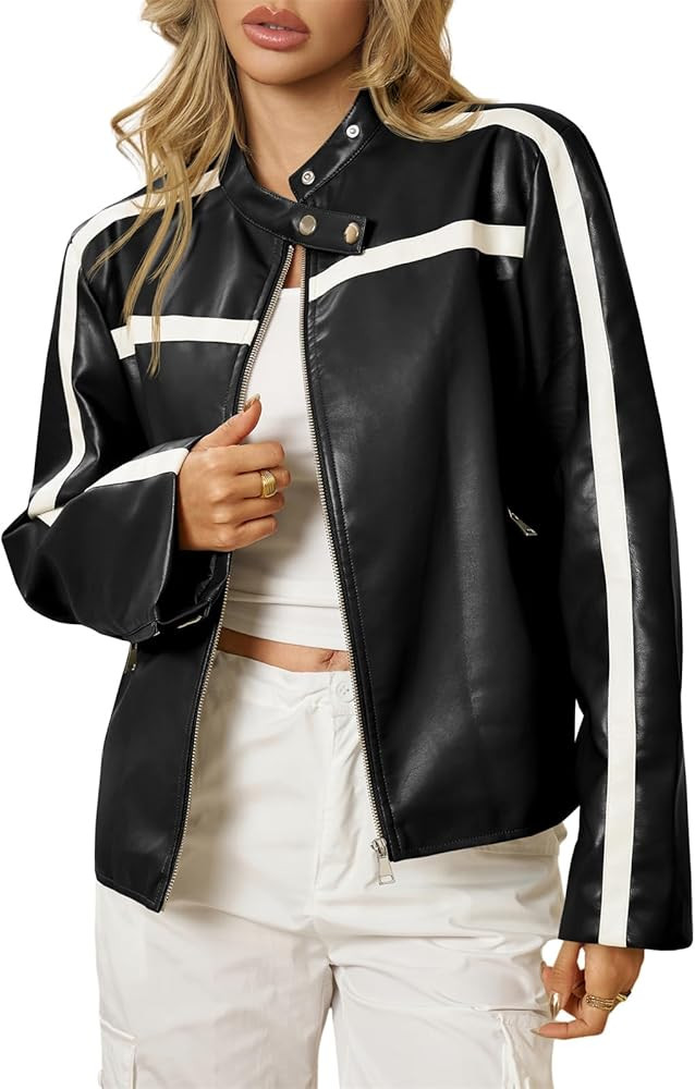 Tankaneo Womens Faux Leather Bomber Jackets Zip Up Color Block Moto Biker Jacket Casual Vintage Y... | Amazon (US)