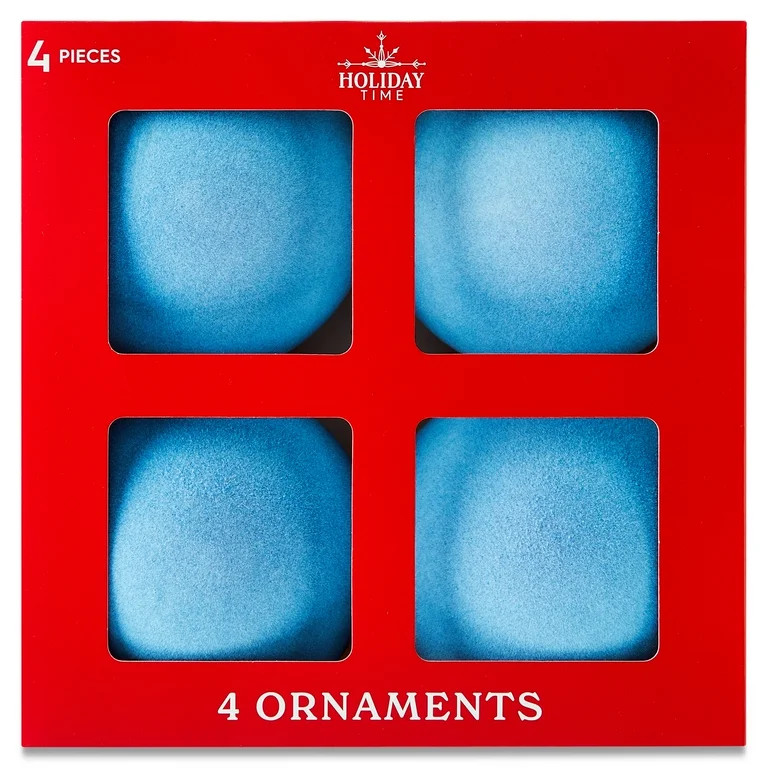 Light Blue Flocked Ball Christmas Ornaments, 4.5", 4 Count, by Holiday Time | Walmart (US)