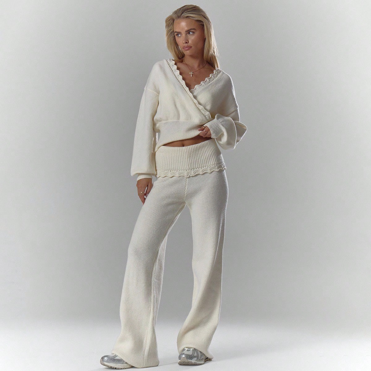 MUSERA Rib Knit Crochet Detail Foldover Waistband Wide Leg Trousers Co-Ord Bottom Only Fall Autumn Cosy Cute Casual Coffee Club Elegant Evening Party New Year | SHEIN