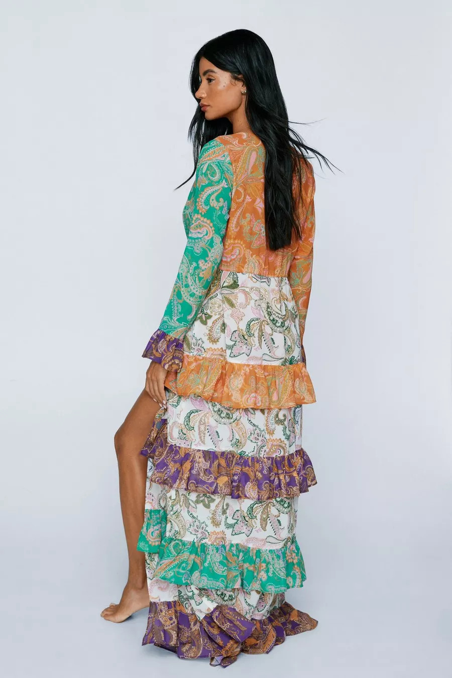 Paisley Spliced Ruffle Tier Coin Trim Maxi Kimono | Nasty Gal US