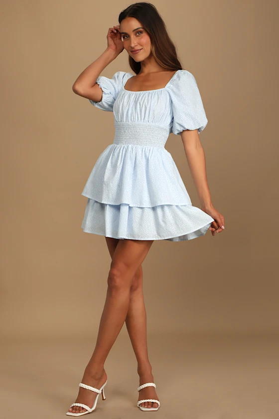 Tiers To Me Light Blue Puff Sleeve Tiered Skater Mini Dress | Lulus (US)