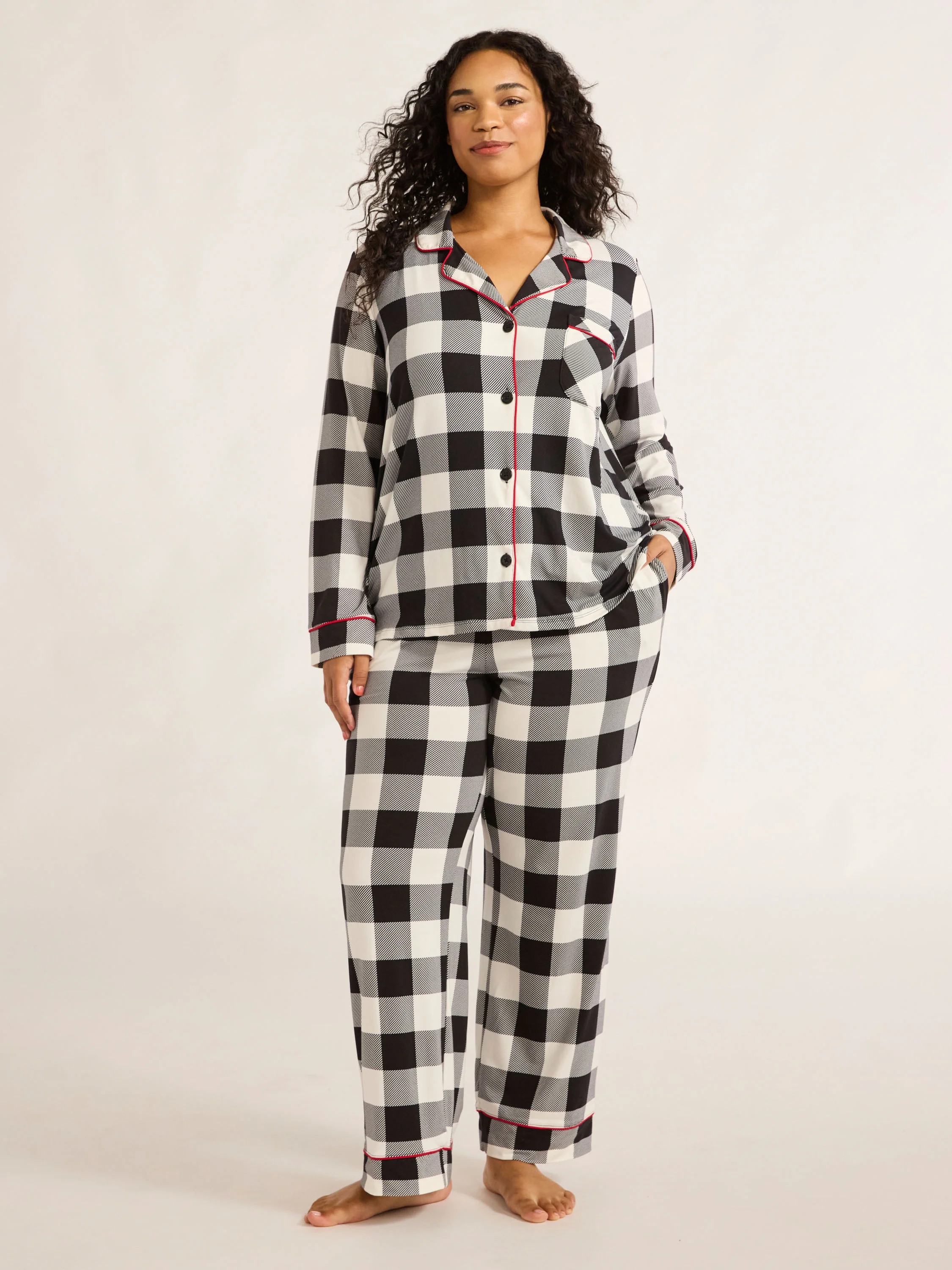 Joyspun Women's Jersey Notch Collar Top and Pants Pajama Set, 2-Piece, Sizes XS-4X | Walmart (US)
