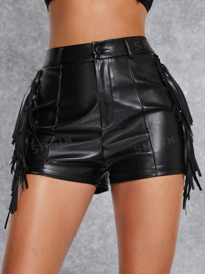 Fringe Side PU Leather Shorts | SHEIN