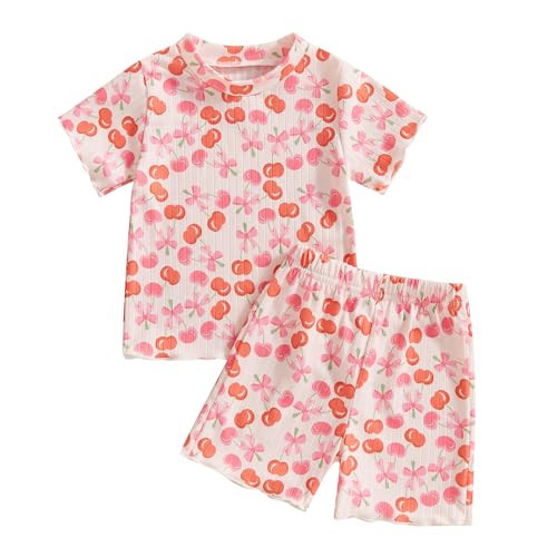 Toddler Baby Girl Summer Outfits Ribbed Knit Crewneck Short Sleeve Tops Elastic Waist Shorts Infant 2Pcs Clothes Set (J Multi-color, 3-4 Years) | Amazon (US)