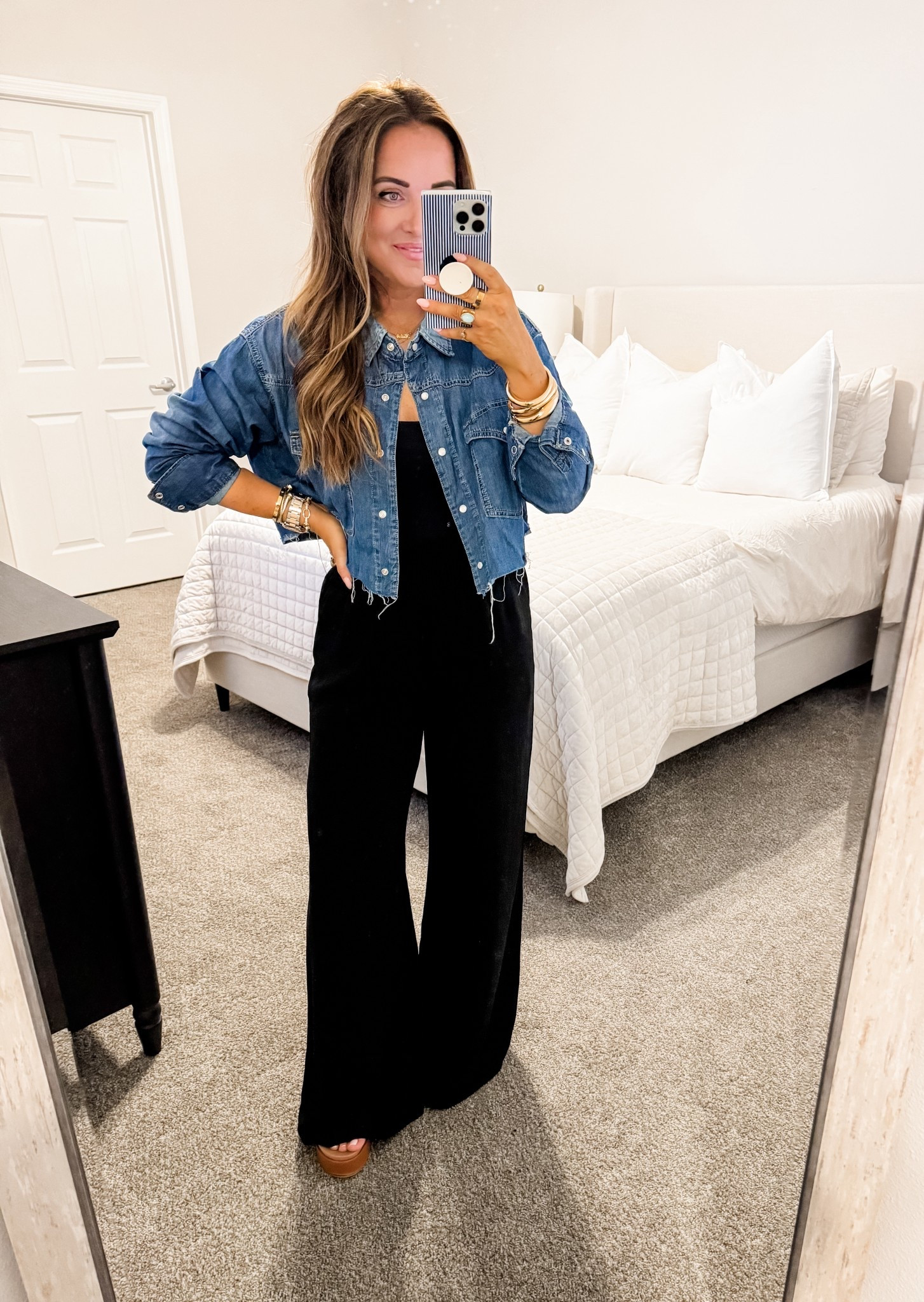 Top - M, pant set - M (tts) 
5’2” 140 lbs 
—
Amazon matching set | Amazon pants | Flowy pants | Bump friendly | Maternity pants | Beach coverup | Denim top | Spring transition | Frayed hem 

#LTKmomlife #LTKFestival #LTKWorkwear