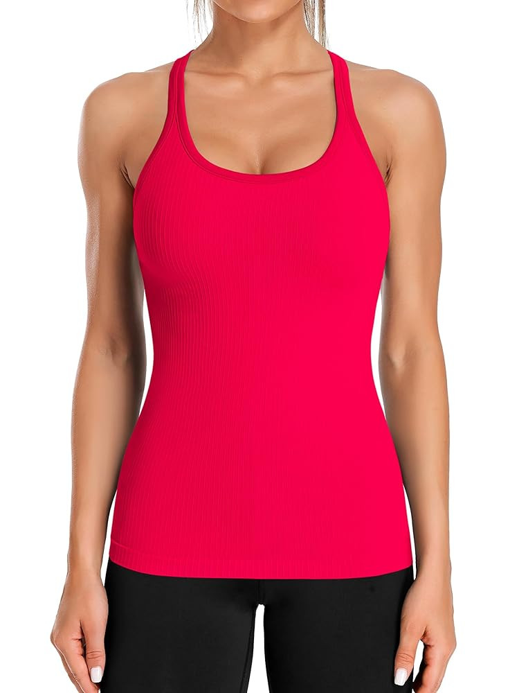 ATTRACO Ribbed Workout Tank Tops for Women with Built in Bra Tight Racerback Scoop Neck Athletic ... | Amazon (US)
