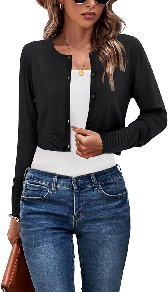 Newshows Cropped Cardigan for Women 2023 Crew Neck Button Down Open Front Knit Bolero Shrug Sweat... | Amazon (US)