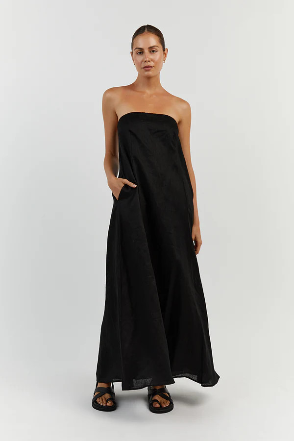 KARNEY BLACK LINEN STRAPLESS DRESS | DISSH