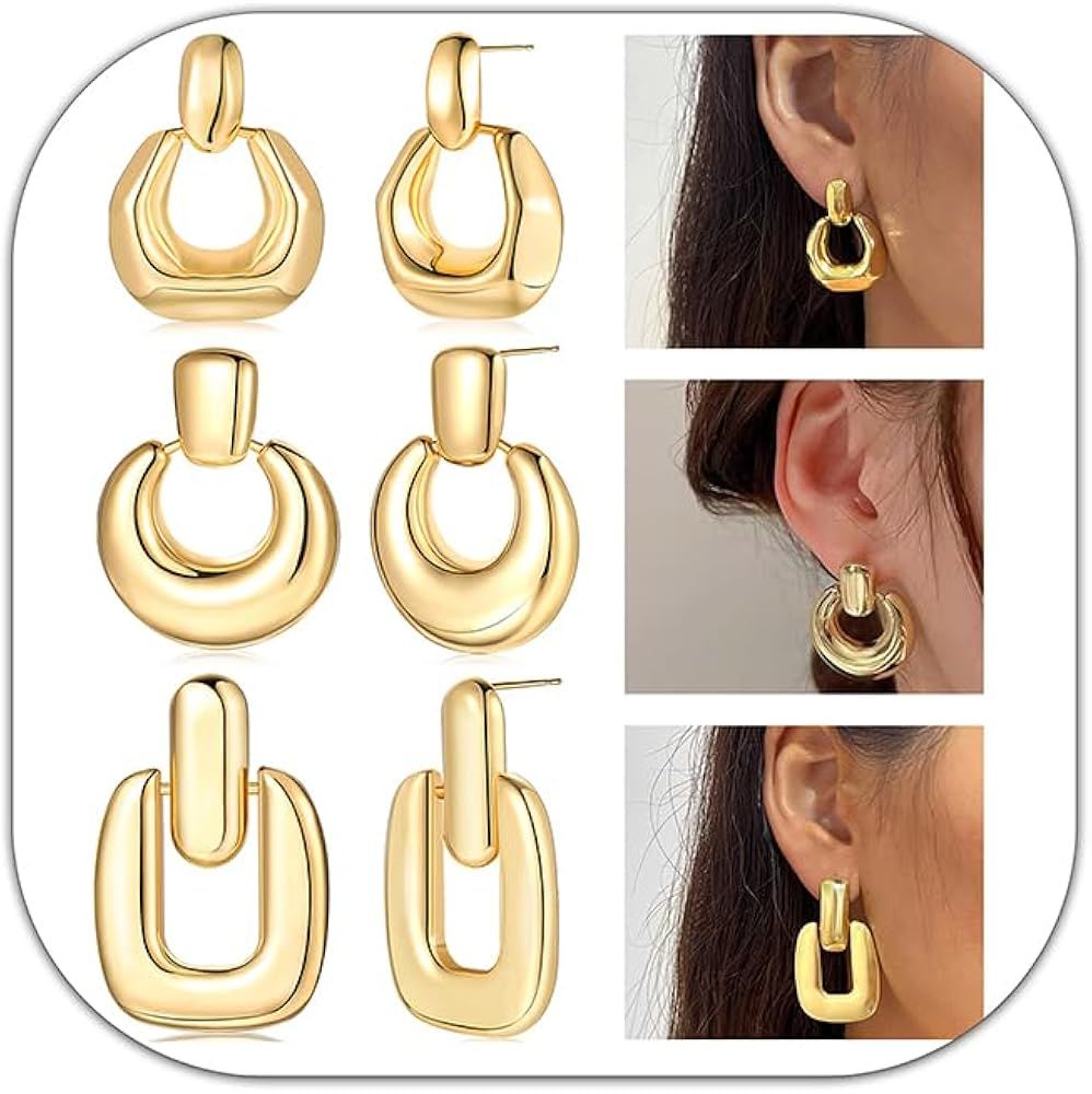 3 Pairs Gold Hoop Dangle Earrings for Women Girls 14K Plated Chunky Statement Geometric Earrings ... | Amazon (US)