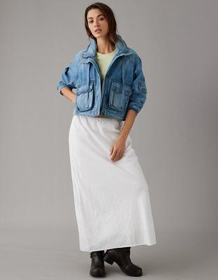 AE Dreamy Drape Stretch Cargo Cropped Denim Jacket | American Eagle Outfitters (US & CA)