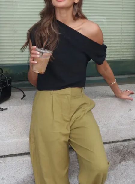 One shoulder top
Black top
Green pants 
Pants 
Summer outfit 
Summer 
Vacation outfit
Date night outfit
Spring outfit
#Itkseasonal
#Itkover40
#Itku

#LTKFindsUnder100