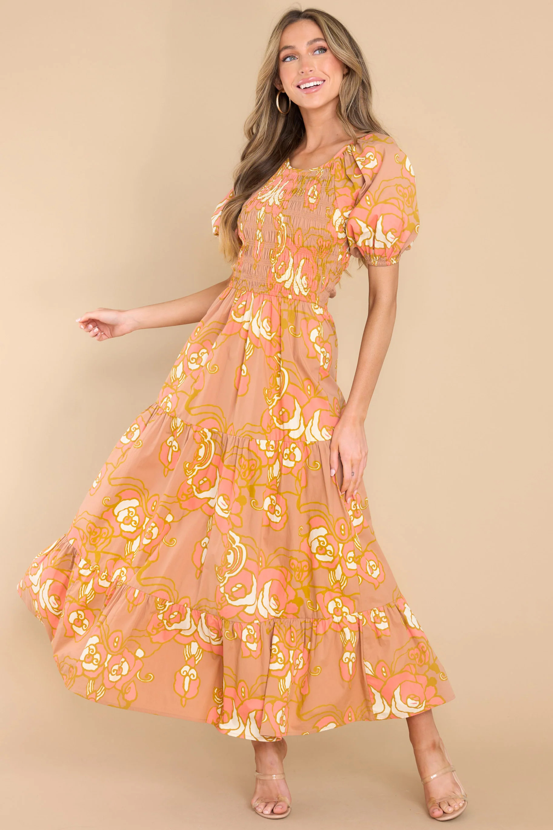 Alana Abstract Rose Ankle Dress Brown | Red Dress 