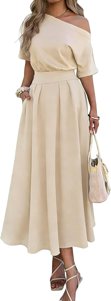 Mieazom Elegant One Shoulder Maxi Dresses for Women Summer Casual Loose Empire Waist Pleated Form... | Amazon (US)