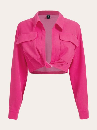 SHEIN EZwear Plus Flap Pocket Twist Hem Crop Blouse | SHEIN