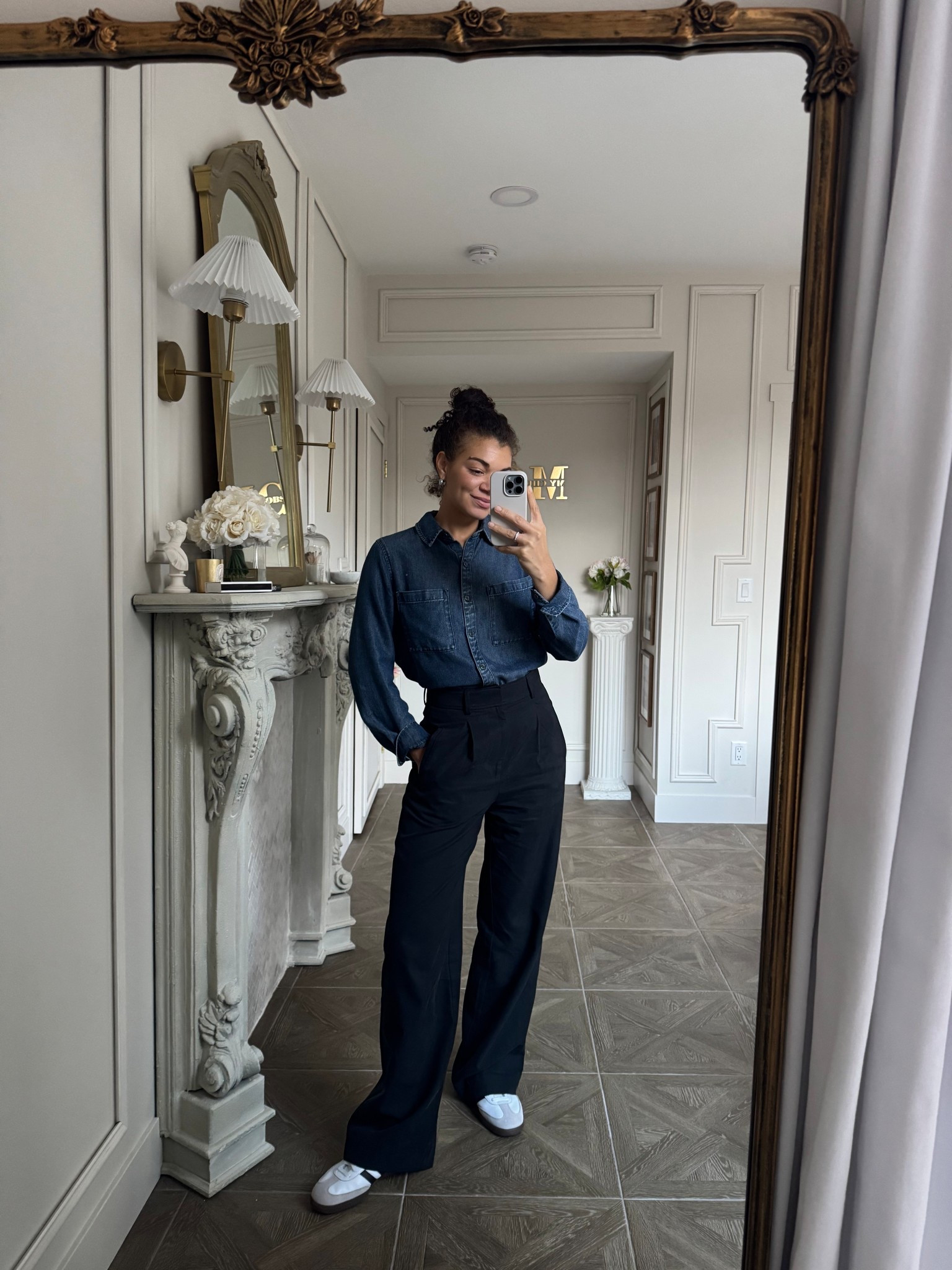 denim shirt, black pants, adidas samba sneakers 

#LTKootd