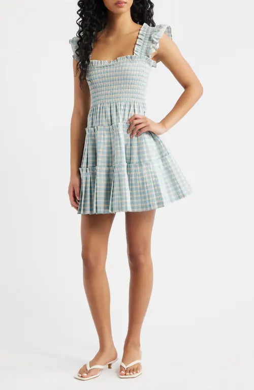 Hill House Home The Nap® Pleated Fit & Flare Minidress in Blue/red Gingham at Nordstrom, Size Large | Nordstrom