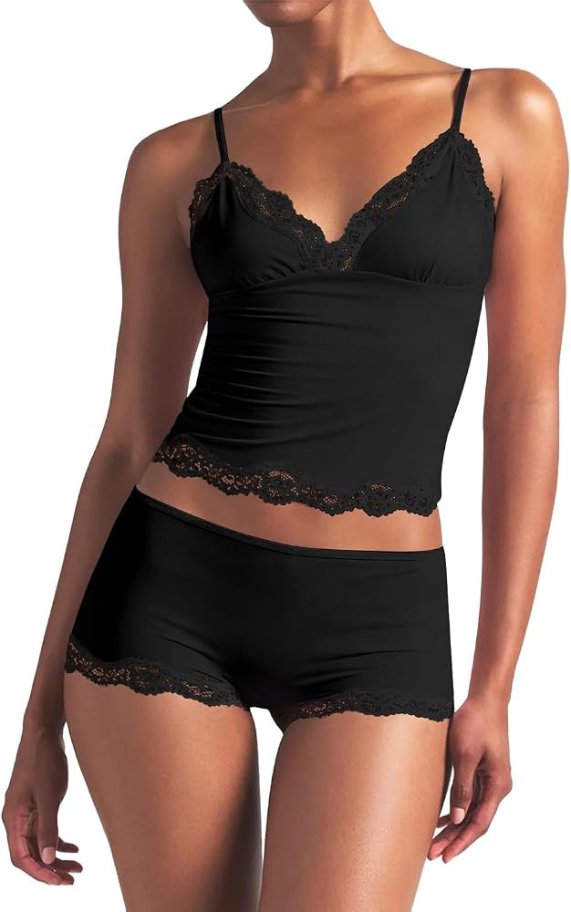 Ezbelle Women's Pajama Set Two Piece Tank Lounge Matching Lace Pjs Short Pants V Neck Outfit Sexy... | Amazon (US)