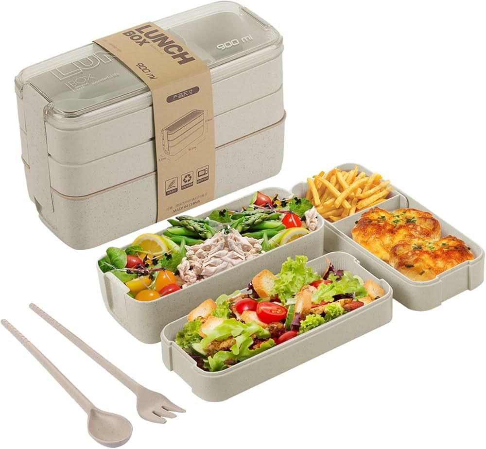 Bento Box for Adults, 3-In-1 Meal Prep Container, 900ML Japanese Lunch Box with Compartment, Whea... | Amazon (US)