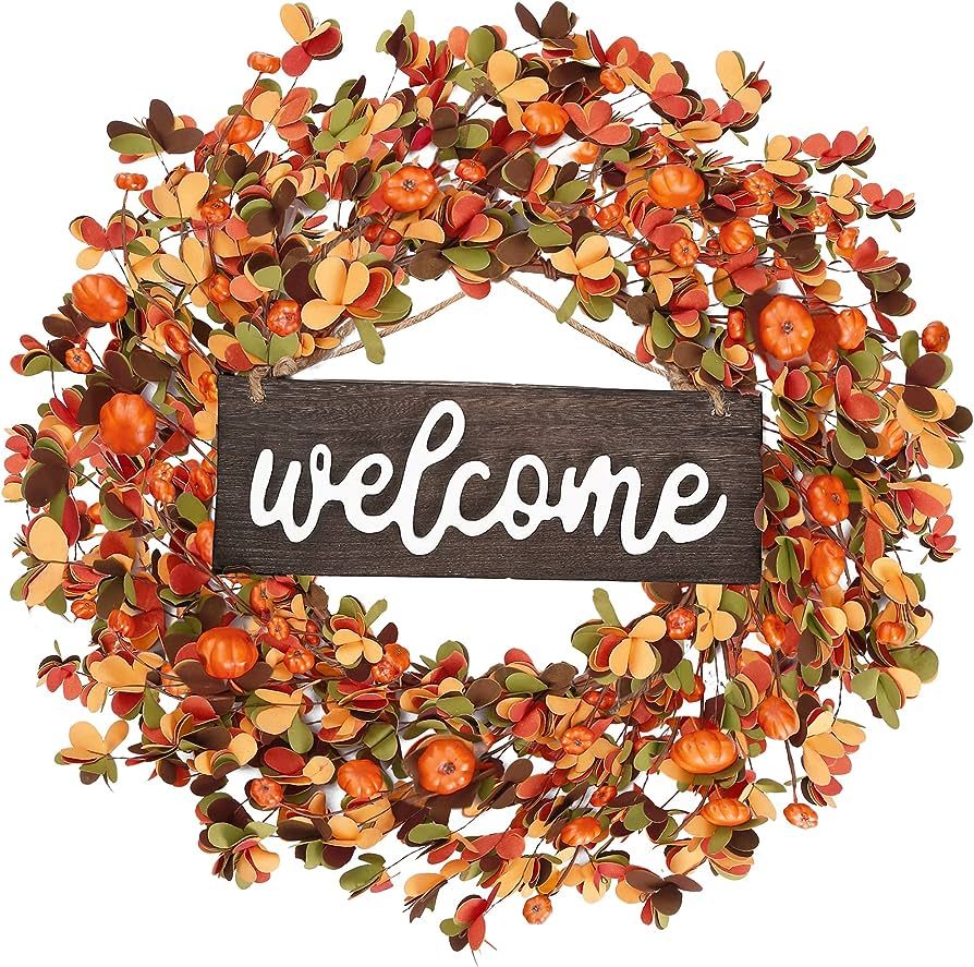 Sggvecsy Fall Wreath 20'' Autumn Front Door Wreath Harvest Wreath with Small Pumpkin Berry Round ... | Amazon (US)