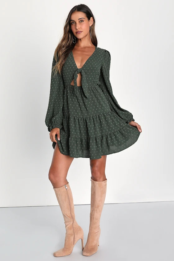Darling Personality Olive Green Swiss Dot Tie Front Mini Dress | Lulus (US)